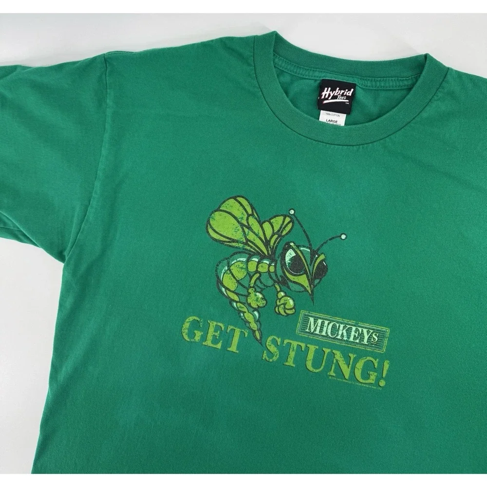 Vintage 2000s Hybrid Tees Mickey's Get Stung Faded Green T-Shirt Size L Y2K‎